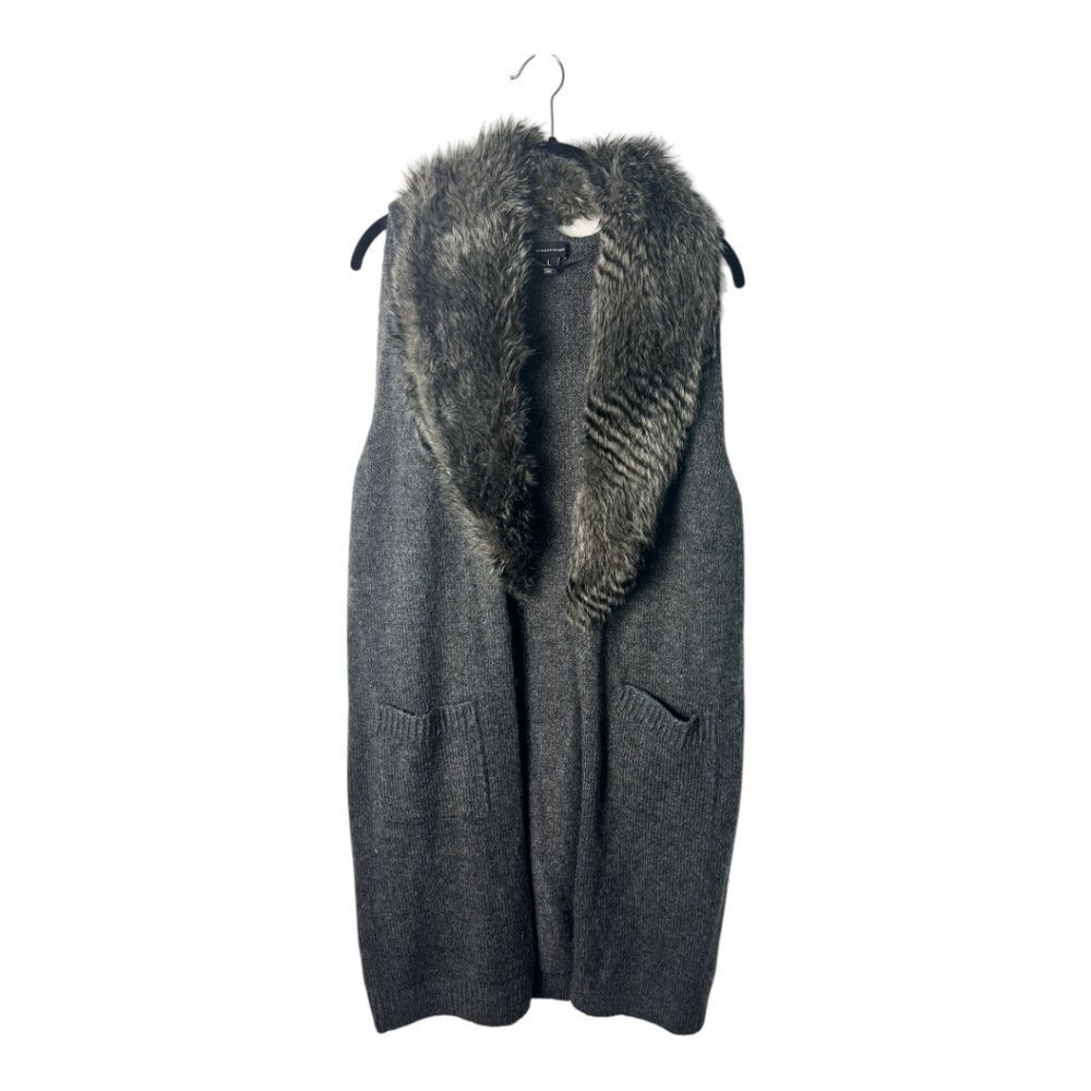 Faux Fur Collar Long Knit Vest Gray Sleeveless Cardigan L Atmosphere